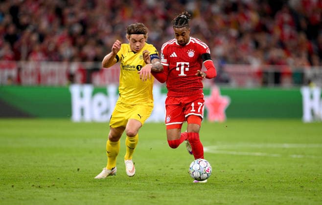 FUSSBALL CHAMPIONS LEAGUE SAISON 2026 2027 Vorrunde 1. Spieltag 10.09.2026 FC Bayern Muenchen - FK Bodoe Glimt Patrick Berg (li, FK Bodoe Glimt) gegen Michael Olise (re, FC Bayern Muenchen)