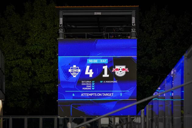 Italien: Fussball UEFA Champions League 2026 - 2027, 1. Spieltag - Como 1907 vs RB Leipzig - Giuseppe Sinigaglia (Como): Endstand, Anzeigetafel Copyright: xJOERANxSTEINSIEKx