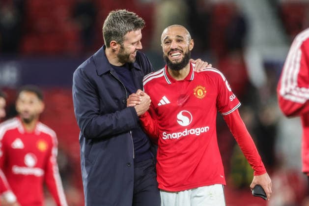 UEFA Champions League Matchday 1 of 8 Manchester United, ManU v Sabah FK Michael Carrick manager of Manchester United and Noussair Mazraoui of Manchester United celebrate the win during the UEFA Champions League Matchday 1 of 8 match Manchester United vs Sabah FK at Old Trafford, Manchester, United Kingdom on 10 September 2026 (Photo by Mark Cosgrove News Images) Manchester Old Trafford Greater Manchester United Kingdom Copyright: xMarkxCosgrove NewsxImagesx