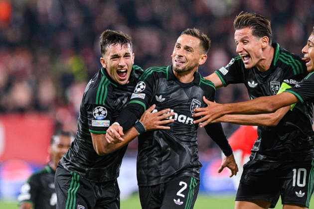 Ruben Aguilar seen celebrating goal with his teammates during UEFA Champions League 2026 27 League Phase MD1 match between teams of SK Slavia Praha and RC Lens in Prague, Czech Republic (Tomasz Karczewski Ball Raw Images) Prague Fortuna Arena Czech Republic Copyright: xTomaszxKarczewskix tomaszkarczewski_slavia_lens_2627_TK1_1623