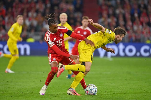 Michael OLISE (Bayern Muenchen), Aktion,Zweikampf gegen Fredrik Bjoerka (Glimt). Fussball Champions League,Saison 2026 27, Ligaphase FC Bayern Muenchen -Bodoe Glimt 5-0 am 10.09.2026.