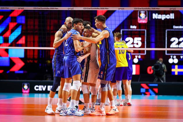 italy celebrates during the opening match of the CEV Enel Eurovolley 2026, between Italy and Sweden, Piazza del Plebiscito, Naples, September 10, 2026.  Copyright: xAlessandroxGarofalo LaPressex