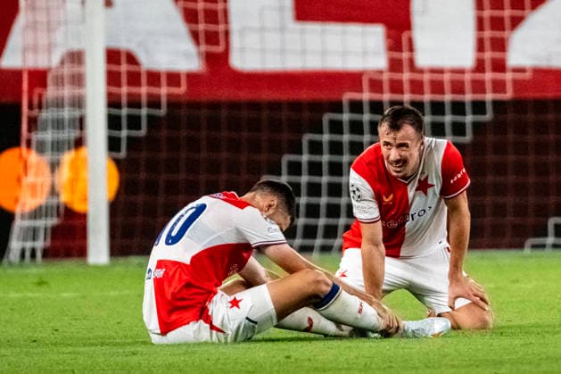 From left Danijel Sturm and Tomas Vlcek of Slavia react after the loss the Football Champions League opening round match Slavia Prague vs RC Lens on September 10, 2026, in Prague, Czech Republic. (CTKxPhoto VitxSimanek) CTKPhotoP2026091011094  CTKPhotoP2026091011094