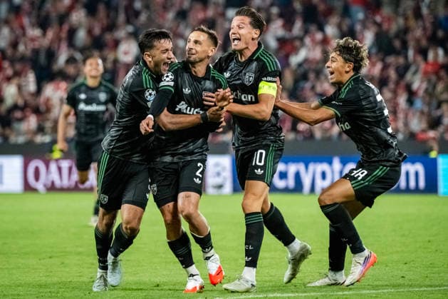 Ruben Aguilar of Lens, 2nd left, celebrates a goal with his teammates during the Football Champions League opening round match Slavia Prague vs RC Lens on September 10, 2026, in Prague, Czech Republic. (CTKxPhoto VitxSimanek) CTKPhotoP2026091011117  CTKPhotoP2026091011117