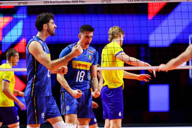 italy celebrates during the opening match of the CEV Enel Eurovolley 2026, between Italy and Sweden, Piazza del Plebiscito, Naples, September 10, 2026.  Copyright: xAlessandroxGarofalo LaPressex