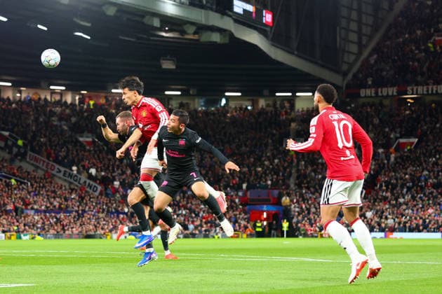 RECORD DATE NOT STATED 10th September 2026; Old Trafford, Manchester, England; UEFA Champions League Football, Manchester United, ManU versus Sabah; Lisandro Martinez of Manchester United rises to win the header RogerxEvans