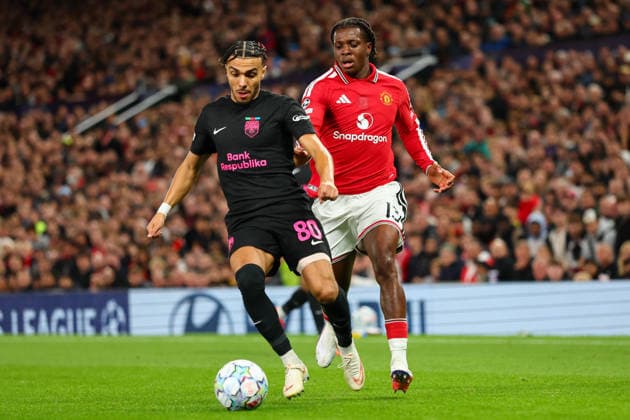 RECORD DATE NOT STATED 10th September 2026; Old Trafford, Manchester, England; UEFA Champions League Football, Manchester United, ManU versus Sabah; Akim Zedadka of Sabah FK under pressure from Patrick Dorgu of Manchester United RogerxEvans