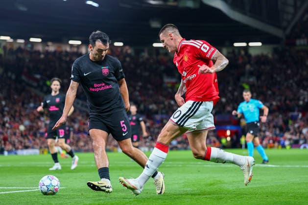 RECORD DATE NOT STATED 10th September 2026; Old Trafford, Manchester, England; UEFA Champions League Football, Manchester United, ManU versus Sabah; Benjamin Sesko of Manchester United plays past Rahman Dashdamirov of Sabah FK RogerxEvans