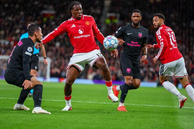 RECORD DATE NOT STATED 10th September 2026; Old Trafford, Manchester, England; UEFA Champions League Football, Manchester United, ManU versus Sabah; Patrick Dorgu of Manchester United tries to work a way through the Sabah defence RogerxEvans
