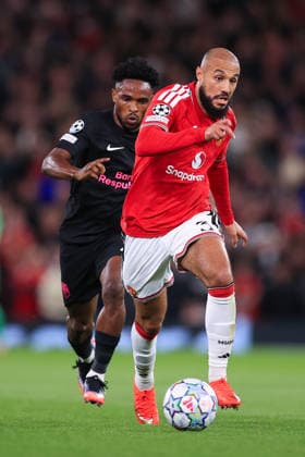 Football - UEFA Champions League - League Phase - Manchester United, ManU v Sabah FK 10th September 2026 - UEFA Champions League - League Phase - Manchester United v Sabah FK - Noussair Mazraoui of Manchester United battles with Christian Nwachukwu of Sabah - Photo: Simon Stacpoole Offside. Manchester UK Copyright: xSimonxStacpoolexOffside