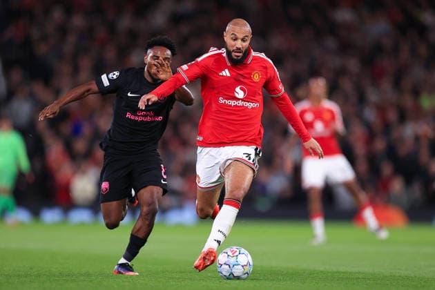 Football - UEFA Champions League - League Phase - Manchester United, ManU v Sabah FK 10th September 2026 - UEFA Champions League - League Phase - Manchester United v Sabah FK - Noussair Mazraoui of Manchester United battles with Christian Nwachukwu of Sabah - Photo: Simon Stacpoole Offside. Manchester UK Copyright: xSimonxStacpoolexOffside