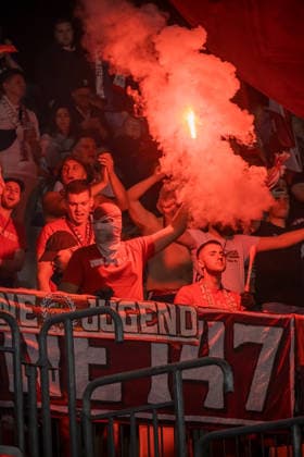 RB Leipzig fans seen during UEFA Champions League 2026 2027 league phase game between teams of Como 1907 and RB Leipzig (Martin Cocciolo Ball Raw Images) Como Stadio Giuseppe Sinigaglia Italy Copyright: xMartinxCocciolox COMORBL-4