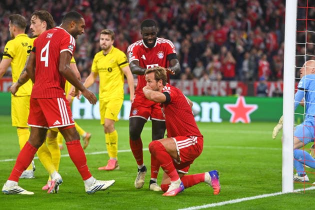 Torjubel Harry KANE (Bayern Muenchen) mit Dayot UPAMECANO (Bayern Muenchen) und li:Jonathan TAH (Bayern Muenchen). Jubel,Freude,Begeisterung,Aktion. Fussball Champions League,Saison 2026 27, Ligaphase FC Bayern Muenchen -Bodoe Glimt 5-0 am 10.09.2026.