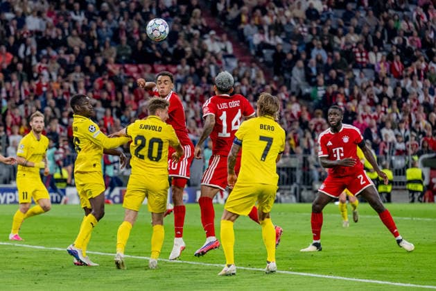Kampf um den Ball mit Joshua Kitolano (FK Bodo Glimt, 16), Fredrik Sjovold (FK Bodo Glimt, 20), Jamal Musiala (FC Bayern Muenchen, 10), Luis Diaz (FC Bayern Muenchen, 14), Patrick Berg (FK Bodo Glimt, 07) und Dayot Upamecano (FC Bayern Muenchen, 02) GER, FC Bayern Muenchen vs. FK Bodo Glimt, Fussball, UEFA Champions League, Ligaphase, 1. Spieltag, Spielzeit 2026 2027, 10.09.2026 (DFL DFB REGULATIONS PROHIBIT ANY USE OF PHOTOGRAPHS as IMAGE SEQUENCES and or QUASI-VIDEO). Foto: HMB Media Heike Feiner Copyright: HMBxMedia HeikexFeiner