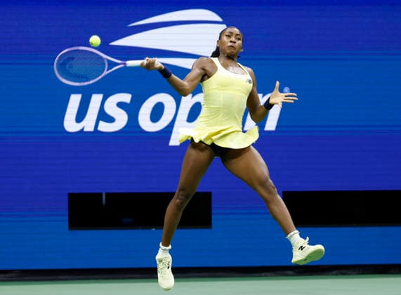 Coco Gauff returns a ball to to Elena Rybakina of Kazakhstanin in the second set in the Women s Semifinal Arthur Ashe Stadium at the 2026 US Open Tennis Championship at the USTA Billie Jean King National Tennis Center in New York City on Thursday, September 10, 2026.  NYP20260910223 JOHNxANGELILLO