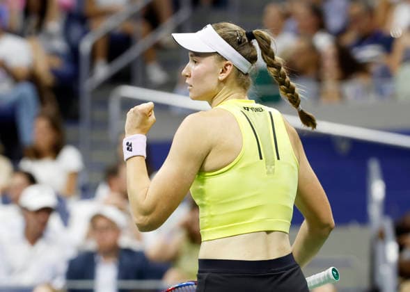 Elena Rybakina of Kazakhstanin celebrates after winning a point against Coco Gauff in the Women s Semifinal Arthur Ashe Stadium at the 2026 US Open Tennis Championship at the USTA Billie Jean King National Tennis Center in New York City on Thursday, September 10, 2026.  NYP20260910225 JOHNxANGELILLO