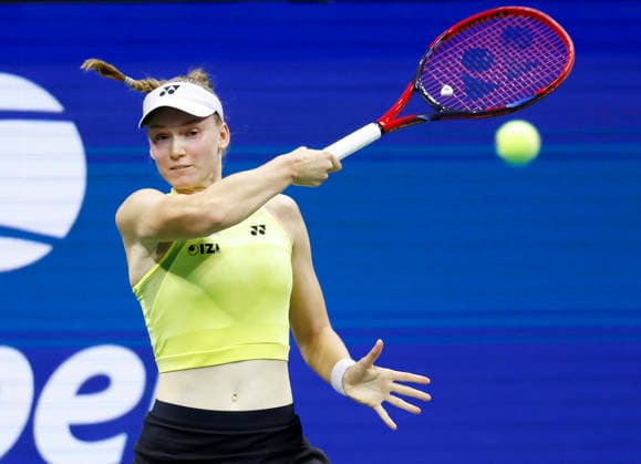 Elena Rybakina of Kazakhstanin returns a ball to Coco Gauff in the Women s Semifinal Arthur Ashe Stadium at the 2026 US Open Tennis Championship at the USTA Billie Jean King National Tennis Center in New York City on Thursday, September 10, 2026.  NYP20260910226 JOHNxANGELILLO
