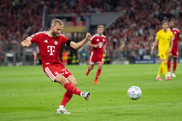GER, Bavaria, Munich, Fussball, FC Bayern Muenchen - FK Bodo Glimt, at the Allianz Arena, Munich, Champions League, League phase, Matchday 1, September 10, 2026, from left: Konrad Laimer (FC Bayern Muenchen, 27), im Portrait, Einzelbild, Freisteller, portrait, headshot, single image, cutout UEFA regulations prohibit any use of photographs as image sequences and or quasi-video, Copyright: HMB-Media MichaelxNibel