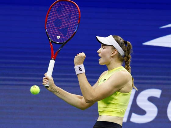 Elena Rybakina of Kazakhstanin celebrates after match point defeating Coco Gauff in 3 sets in the Women s Semifinal Arthur Ashe Stadium at the 2026 US Open Tennis Championship at the USTA Billie Jean King National Tennis Center in New York City on Thursday, September 10, 2026.  NYP20260910228 JOHNxANGELILLO