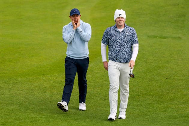 2026 Amgen Irish Open - Second Round, Trump International Golf Links, Doonbeg 11 9 2026 Rory McIlroy and Robert MacIntyre react after the first green Rory McIlroy and Robert MacIntyre react after the first green 11 9 2026  Copyright: xx BB3_1336