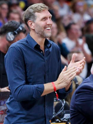 Dirk Nowitzki cheers during the FIBA Women s Basketball World Cup Germany 2026 Quarter-Final match between Belgium and Germany at Berlin Arena on September 10, 2026 in Berlin, Germany. (Photo by Marco Steinbrenner DeFodi Images) -