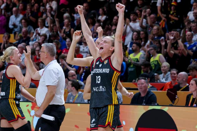 Leonie Fiebich (Germany) cheers during the FIBA Women s Basketball World Cup Germany 2026 Quarter-Final match between Belgium and Germany at Berlin Arena on September 10, 2026 in Berlin, Germany. (Photo by Marco Steinbrenner DeFodi Images) -