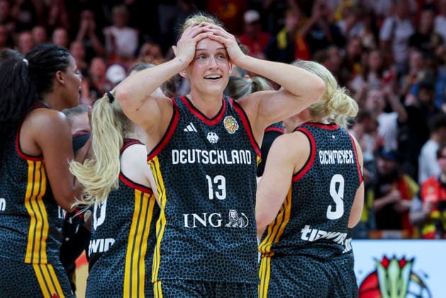Leonie Fiebich (Germany) cheers during the FIBA Women s Basketball World Cup Germany 2026 Quarter-Final match between Belgium and Germany at Berlin Arena on September 10, 2026 in Berlin, Germany. (Photo by Marco Steinbrenner DeFodi Images) -