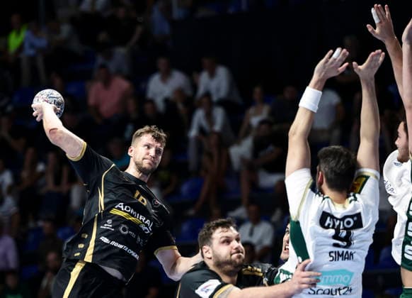 Partizan v Fuchse Berlin - EHF Champions League Uladzislau Kulesh (L) of Fuchse Berlin in action against Frederik SImak (R) of Fuchse Berlin during the EHF Champions League Season 2026 2027 Group Phase match between RK Partizan v Fuchse Berlin at Aleksandar Nikolic Hall on September 10, 2026 in Belgrade, Serbia. Belgrade Serbia Copyright: xSrdjanxStevanovicx x