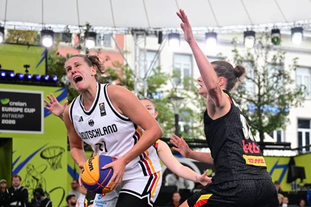 Sarah Polleros and Heleen Nauwelaers pictured during a game between Germany and Belgium, a qualifying game in Pool D at the FIBA 3x3 Europe Cup, on Friday 11 September 2026 in Antwerp. DIRKxWAEM  x185970558x