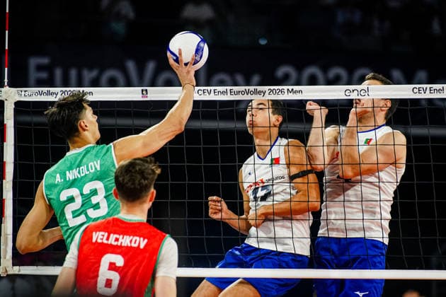 Volleyball - CEV EuroVolley 2026 Group B - Portugal vs Bulgaria - 09.11.2026 SOFIA, BULGARIA - September 11th: Aleksandar Nikolov, 23 of Bulgaria and Bruno Dias, 17 of Portugal during CEV EuroVolley 2026, Group B match between Portugal vs Bulgaria at Arena 8888 in Sofia, Bulgaria, on September 11th, 2026 in Sofia, Bulgaria. Copyright: xYulianxTodorovx