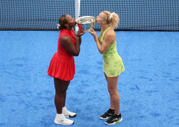 September 11, 2026, New York City, New York, USA: KATERINA SINIAKOVA of Czech Republic and TAYLOR TOWNSEND of USA with trophy after the match against A. Krueger and R. Montgomery of USA in the womenÃ¢â‚¬â ¢s double final of Grand Slam tournament US Open. New York, USA. Siniakova and Townsend won 5:7, 6:0, 6:2. New York City USA - ZUMAc278 20260911_zsp_c278_008 Copyright: xMarcinxCholewinskix