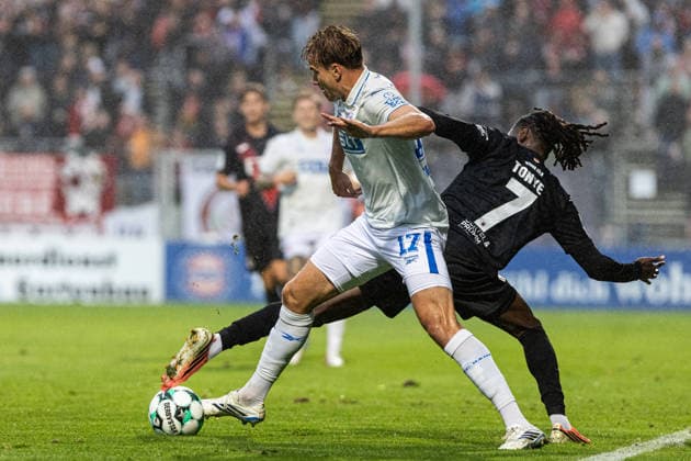 3.Liga: FC Viktoria Köln - Hansa Rostock; 11.09.2026 Florian Carstens (Hansa Rostock, 17), Yannick Tonye (FC Viktoria Köln, 7) 3.Liga: FC Viktoria Köln - Hansa Rostock; Sportpark Höhenberg, Köln; 11.09.2026 DFB regulations prohibit any use of photographs as image sequences and or quasi video. Copyright: xBEAUTIFULxSPORTS Buriakovx