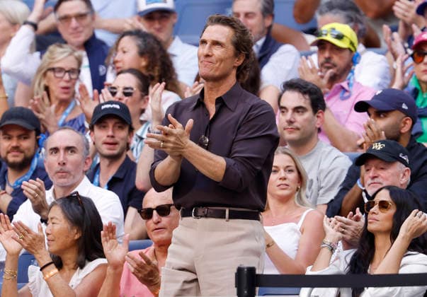 Matthew McConaughey applauds after a point during a Men s semifinals match between Alexander Zverev of Germany and Karen Khachano in Arthur Ashe Stadium at the 2026 US Open Tennis Championship at the USTA Billie Jean King National Tennis Center in New York City on Friday, September 11, 2026.  NYP20260911820 JOHNxANGELILLO