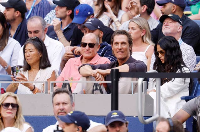 Matthew McConaughey and his wife Camila Alves sit with Woody Harrelson and his wife Laura Louie during a Men s semifinals match between Alexander Zverev of Germany and Karen Khachano in Arthur Ashe Stadium at the 2026 US Open Tennis Championship at the USTA Billie Jean King National Tennis Center in New York City on Friday, September 11, 2026.  NYP20260911822 JOHNxANGELILLO