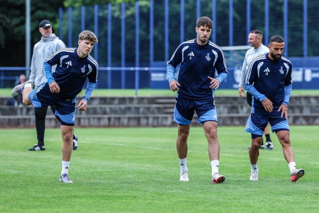 Fussball, 3.Liga Saison 2026 2027 Training MSV Duisburg 11.09.2026, Trainingsgelände MSV Duisburg Frederik Christensen (MSV Duisburg, 3) Tobias Fleckstein (MSV Duisburg, 5) Ramien Safi (MSV Duisburg, 19) Duisburg Trainingsgelände MSV Duisburg Nordrhein-Westfalen Deutschland