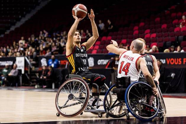 OTTAWA, CANADA - SEPTEMBER 11: Nico Dreimueller (Dreimüller, Germany, 17) controls the ball against Tyler Miller (Canada, 14) during the Ottawa IWBF Wheelchair Basketball World Championships match between Canada vs. Germany at TD Place on matchday 3 of the Ottawa IWBF Wheelchair Basketball World Championships on September 11, 2026 in Ottawa, Canada. Canada Copyright: xSteffiexWunderlx