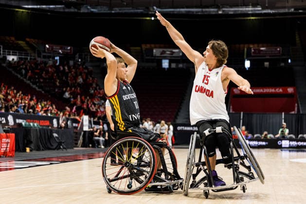 OTTAWA, CANADA - SEPTEMBER 11: Maximilian Lammering (Germany, 11) controls the ball against Reed De Aeth (Canada, 15) during the Ottawa IWBF Wheelchair Basketball World Championships match between Canada vs. Germany at TD Place on matchday 3 of the Ottawa IWBF Wheelchair Basketball World Championships on September 11, 2026 in Ottawa, Canada. Canada Copyright: xSteffiexWunderlx