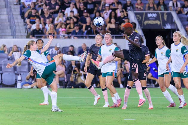 September 11, 2026, Los Angeles, California, USA: Prisca Chilufya 24 of the Angel City FC and Delanie Sheehan 24 of the Denver Summit FC both reach to touch the ball first during their regular season NWSL game on Friday September 11, 2026 at the BMO Stadium in Los Angeles, California. ACFC tie with Denver Summit, 3-3. ARIANA RUIZ PI Los Angeles USA - ZUMAp124 20260911_zaa_p124_045 Copyright: xArianaxRuizx