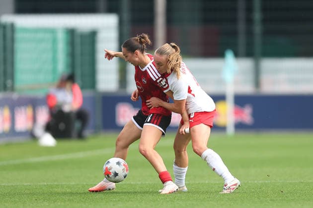RB Leipzig - Nürnberg 1. Bundesliga Frauen Leipzig, Trainingszentrum am Cottaweg, 12.09.2026, Fußball, Frauen, Saison 2026 2027, Frauen-Bundesliga, 4. Spieltag , RB Leipzig - 1. FC Nürnberg , Im Bild v.l.: Lara Meroni (11, Nürnberg) und Lou-Ann Joly (6, RB Leipzig) , *** RB Leipzig vs. Nuremberg 1, Women s Bundesliga, Leipzig, Training Center on Cottaweg, September 12, 2026, Soccer, Women, 2026–2027 Season, Women’s Bundesliga, Matchday 4, RB Leipzig vs. FC Nuremberg, Pictured from left: Lara Meroni (11), Nuremberg, and Lou Ann Joly (6), RB Leipzig,