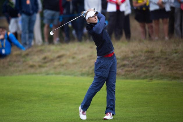 RECORD DATE NOT STATED 12th September 2026; Bernardus Golf, Cromvoirt, Netherlands; Golf, Solheim Cup Womens Golf, Day 6; Foursomes; Nelly Korda of the US Team plays from the fairway on the 4th hole AnthonyxBenoit