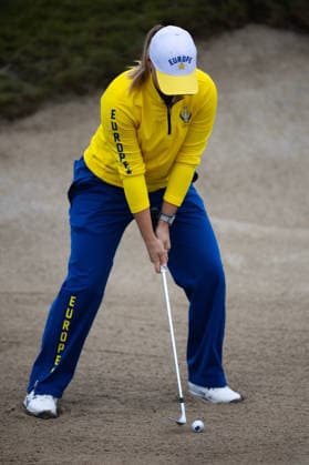 RECORD DATE NOT STATED 12th September 2026; Bernardus Golf, Cromvoirt, Netherlands; Golf, Solheim Cup Womens Golf, Day 6; Foursomes; Maja Stark (SWE) of Team Europe plays from a green side bunker on the 4th hole AnthonyxBenoit
