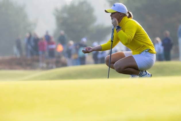 RECORD DATE NOT STATED 12th September 2026; Bernardus Golf, Cromvoirt, Netherlands; Golf, Solheim Cup Womens Golf, Day 6; Foursomes; Maja Stark (SWE) of Team Europe studies the line of her putt on the green of the 10th hole AnthonyxBenoit