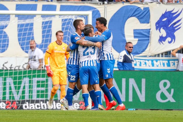 12.09.2026, xgox, Fussball - 2.Bundesliga 1.FC Magdeburg - 1.FC Kaiserslautern emspor, v.l. Jubel nach dem 2:0 durch Alexander Nollenberger (Magdeburg, 17) (DFL DFB REGULATIONS PROHIBIT ANY USE OF PHOTOGRAPHS as IMAGE SEQUENCES and or QUASI-VIDEO) Magdeburg *** September 12, 2026, xgox, Soccer, 2. Bundesliga: 1. FC Magdeburg vs. 1. FC Kaiserslautern (emspor), from left: Celebrations after Alexander Nollenberger’s 2-0 goal for Magdeburg, 17 DFL and DFB regulations prohibit any use of photographs as image sequences and or quasi-video, Magdeburg