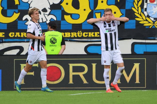 12.09.2026, Fussball, Herren, 3. Liga, Saison 2026 2027, 1. FC Saarbrücken - FC Ingolstadt 04, Torjubel zum 0:1, Torschütze: Lars Lokotsch (FC Ingolstadt 04) Saarbrücken Ludwigsparkstadion Saarland Deutschland (DEU) Copyright: xSebastianxBachx