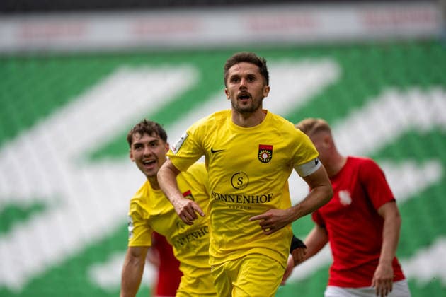 Volkan Celiktas (SG Sonnenhof Großaspach, 05) jubelt nach seinem 1:2 Treffer, TSV Havelse vs. SG Sonnenhof Großaspach, Fussball, 3. Liga, 5. Spieltag, 06.09.2026, DFB regulations prohibit any use of photographs as image sequences and or quasi-video Hannover Niedersachsen Deutschland