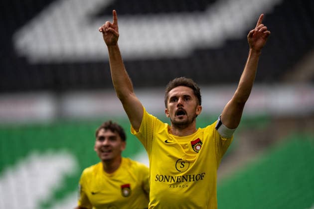 Volkan Celiktas (SG Sonnenhof Großaspach, 05) jubelt nach seinem 1:2 Treffer, TSV Havelse vs. SG Sonnenhof Großaspach, Fussball, 3. Liga, 5. Spieltag, 06.09.2026, DFB regulations prohibit any use of photographs as image sequences and or quasi-video Hannover Niedersachsen Deutschland