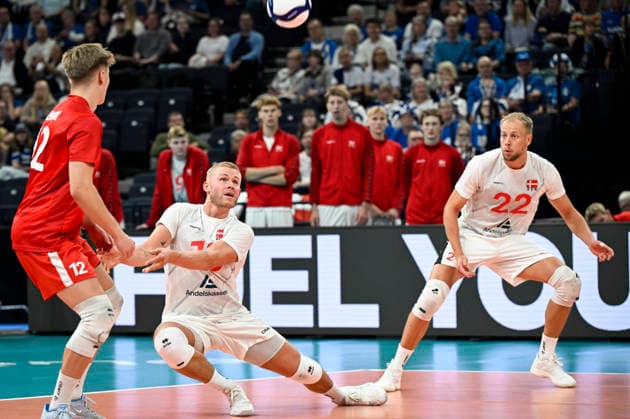 LKS 20260912 Jonas Enemark (L to R), Tobias Hougs Kjaer and Oskar Kjerstein Madsen of Denmark in action during men s volleyball European Championships Pool C match Denmark vs Netherlands in Tampere, 12th of September, 2026. - EMMI KORHONEN Tampere Finland 5nuw7jThFeQ  Copyright: xEmmixKorhonenx 5nuw7jThFeQ