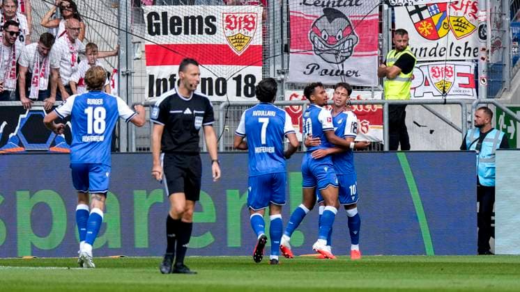 v.li.: Wouter Burger (Hoffenheim, 18), Leon Avdullahu (Hoffenheim, 7), Bambase Conte (Hoffenheim, 20), Torschütze Adam Hlozek (Hoffenheim, 10), Spieler der TSG 1899 Hoffenheim, jubeln über das Tor zum 1:0, Jubel, Torjubel, Torerfolg, celebrate the goal, goal, celebration, jubelt ueber das Tor, Freuen, Freude, freut sich, optimistisch, positiv, Spielszene, Highlight, Action, Aktion, 12.09.2026, Sinsheim (Deutschland), Fussball, Bundesliga, TSG 1899 Hoffenheim - VfB Stuttgart, DFB DFL REGULATIONS PROHIBIT ANY USE OF PHOTOGRAPHS AS IMAGE SEQUENCES AND OR QUASI-VIDEO. *** From left: Wouter Burger (Hoffenheim), 18, Leon Avdullahu Hoffenheim, 7, Bambase Conte Hoffenheim, 20, goal scorer Adam Hlozek Hoffenheim, 10, players from TSG 1899 Hoffenheim, celebrating the 1–0 goal, Celebration, goal celebration, scoring a goal, celebrating the goal, goal, celebration, celebrating the goal, joy, happiness, happy, optimistic, positive, game scene, highlight, action, September 12, 2026, Sinsheim, Germany, soccer, Bundesliga, TSG 1899 Hoffenheim vs. VfB Stuttgart, DFB and DFL regulations prohibit any use of photographs as image sequences and or quasi-video xozx