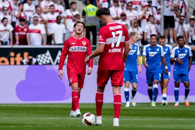 v.li.: Angelo Stiller (VfB, 6), Dzenan Pejcinovic (VfB, 17), Spieler vom VfB Stuttgart, enttäuscht schauend, Enttäuschung, Frustration, disappointed, pessimistisch, nach dem Gegentor zum 1:0, Action, Aktion, Spielszene, 12.09.2026, Sinsheim (Deutschland), Fussball, Bundesliga, TSG 1899 Hoffenheim - VfB Stuttgart, DFB DFL REGULATIONS PROHIBIT ANY USE OF PHOTOGRAPHS AS IMAGE SEQUENCES AND OR QUASI-VIDEO. *** v li Angelo Stiller VfB, 6, Dzenan Pejcinovic VfB, 17, VfB Stuttgart player, looking disappointed, disappointment, frustration, pessimistic, after conceding the goal to make it 1–0, action, game scene, September 12, 2026, Sinsheim, Germany, soccer, Bundesliga, TSG 1899 Hoffenheim vs. VfB Stuttgart, DFB and DFL regulations prohibit any use of photographs as image sequences and or quasi-video xozx