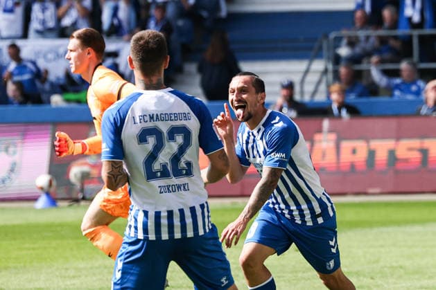 Torjubel - Torschütze Baris Atik (1. FC Magdeburg,23) trifft zum 3-0, das Tor wird nach Videoüberprüfung von Referee Marc Philip Eckermann wegen eines vorherigen Foulspiels aberkannt - 2. Fußball Bundesliga Saison 2026-2027 1. FC Magdeburg vs 1. FC Kaiserslautern in der Avnet Arena in Magdeburg - Aktion,Fußball,Mann,Männer,Deutschland,12.09.2026 *** Goal celebration: Scorer Baris Atik of 1 FC Magdeburg, 23, scores to make it 3–0, but the goal is disallowed by referee Marc Philip Eckermann following a video review due to a previous foul. 2. Bundesliga, 2026–2027 season: 1. FC Magdeburg vs. 1. FC Kaiserslautern at the Avnet Arena in Magdeburg. Action, soccer, man,Men, Germany, September 12, 2026